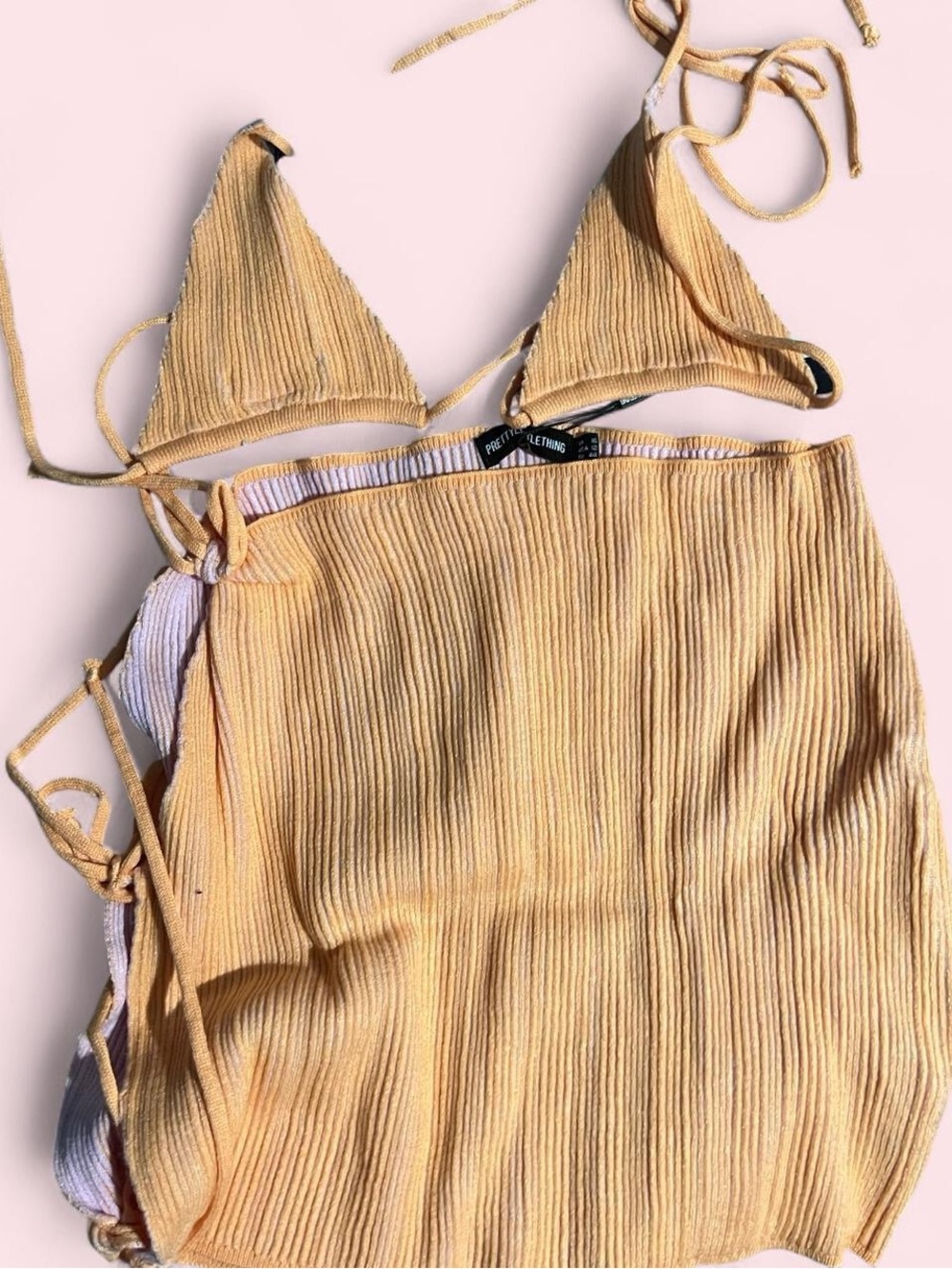 Ribbed Peach Bikini Set - Triangle Top & Skirt